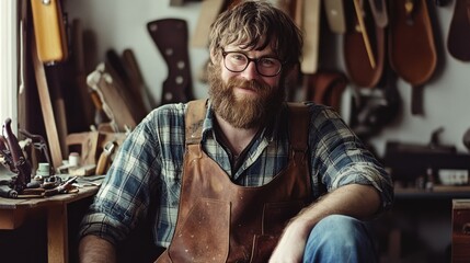 Bearded artisan in glasses and a leather apron takes a break in a charming woodshop filled with various handcrafted items, exuding warmth and creativity.