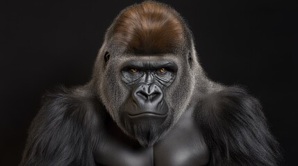 Obraz premium A powerful gorilla stares directly at the camera, showcasing its strength and majestic presence in a portrait style.