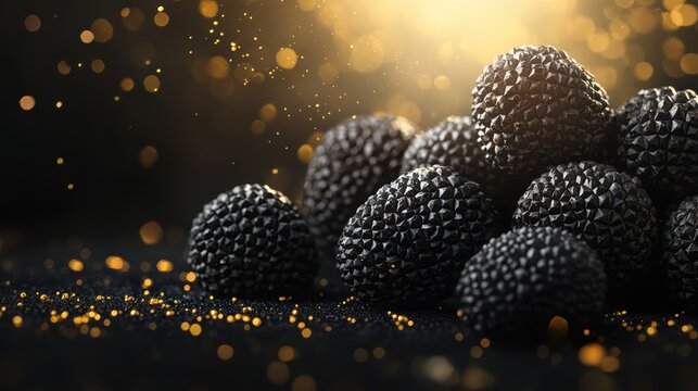 A pile of textured black truffels bathed in golden light with sparkling particles, evoking a luxurious and magical feel.