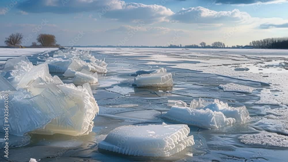 Poster large chunks of ice are piling up on the frozen lake, creating a beautiful spectacle of nature durin