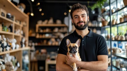 A happy man with a black polo shirt holds a small dog in front of a stylish pet shop brimming with products and accessories.