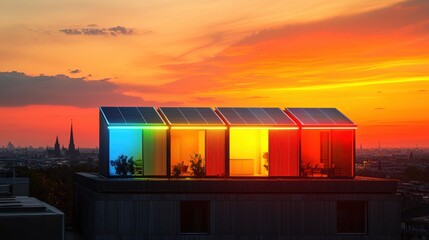Obraz premium Vibrant neon-lit residential solar panel array installed on rooftops at dusk, with the panels glowing in bright neon colors against a darkening sky, emphasizing the modern, eco-friendly design
