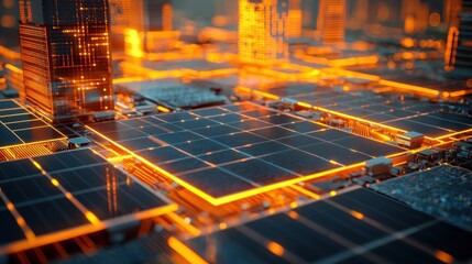 High-resolution image of a futuristic residential area with solar panels illuminated by neon lights, showcasing the intricate details of the panel surfaces and the surrounding urban landscape