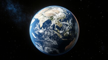 Earth from space, showing bright blue ocean, white clouds and green land. This image captures Earth's ever-changing weather patterns and atmosphere, as it glows against the dark emptiness.