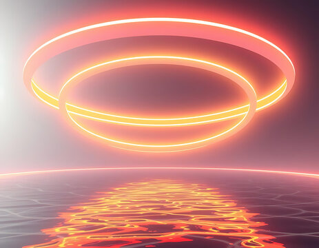 3D Floating Concentric Circles with Pulsating Neon Lights, Hovering Over a Deep, Reflective Liquid Surface