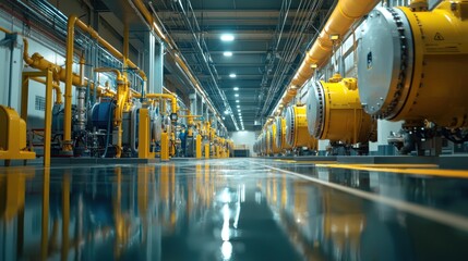 Obraz premium Wide-angle shot of an extensive maintenance tunnel showing multiple steel water pumps running along the ceiling, surrounded by complex piping systems and maintenance equipment, illuminated by harsh