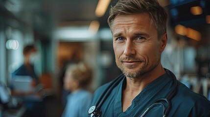 portrait of confident er doctor standing in hospital emergency room,phone calling handsome doctor in scrubs holding clipboard standing in modern private clinic