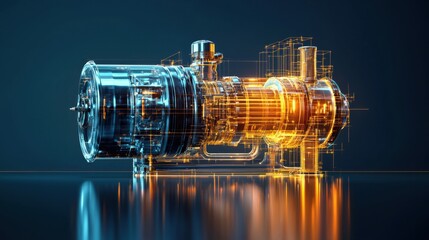 Banner with a sleek industrial design, showcasing a water pump in a 3D render against a dark gradient background. The pump is illuminated with sharp highlights to reveal its complex structure and