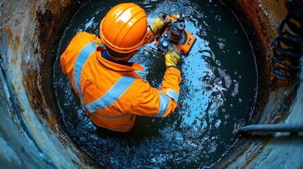 An image depicting a blocked drain situation with a technician examining the obstruction using a camera inspection tool. The photo highlights the severity of the blockage and the advanced technology