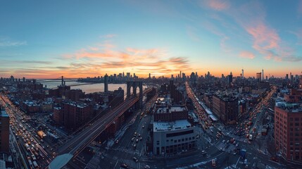 Aerial View of the Brooklyn Bridge and Manhattan Skyline at Sunset