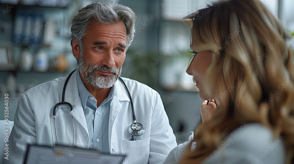 Wall mural portrait of handsome male doctor patient in hospital bed behind er doctor examining senior patient r