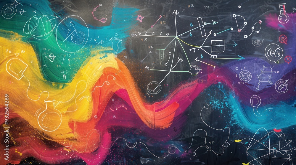 Aufkleber Colorful chalk strokes create waves on a chalkboard, blending science formulas and diagrams to inspire learning in an educational atmosphere. Generative AI