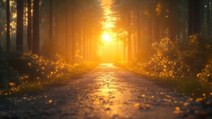 Obraz premium Magical 3D Sunset Over Winding Road Through Enchanting Pine Forest