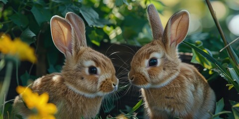 Fototapeta premium Two adorable bunnies side by side during the summer