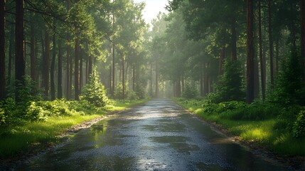 Obraz premium Quiet Road Through Lush Pine Forest After Rain Offers Refreshing Tranquility