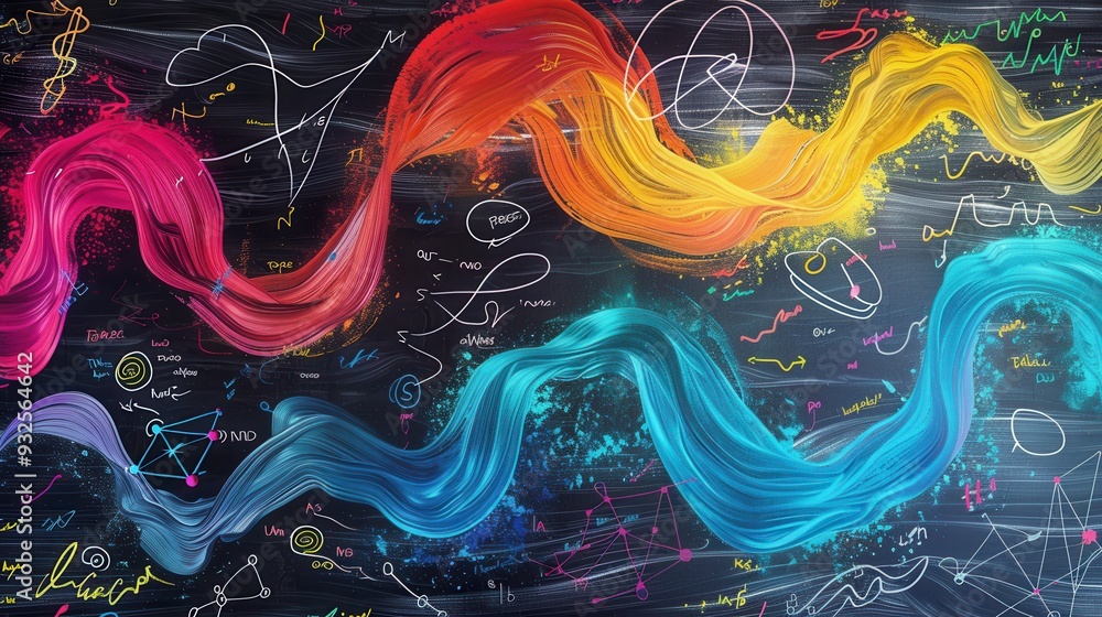 Fototapete Colorful chalk strokes form waves on a chalkboard, seamlessly integrating scientific formulas and diagrams into an engaging learning environment. Generative AI