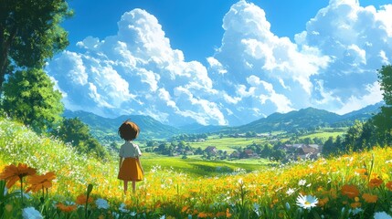 Girl in a Field of Flowers with Mountains and Cloudy Sky