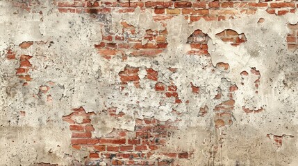 Empty Old Brick Wall Texture. Painted Distressed Wall Surface. Grungy Wide Brickwall. Grunge Red Stonewall Background. Shabby Building Facade With Damaged Plaster. Abstract Web Banner. Copy Space , ai