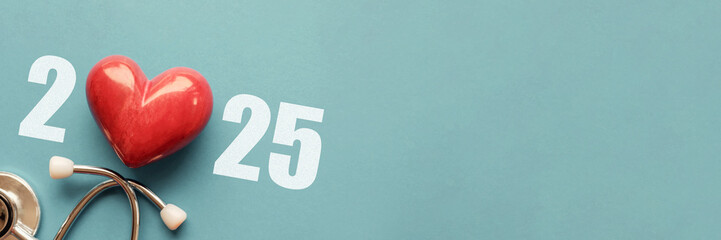 2025 with Red heart nad stethoscope, heart health,  health insurance concept, new year resolutions...