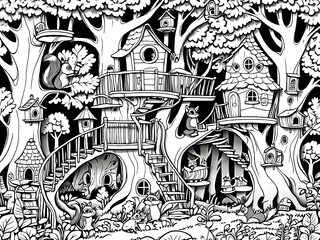 Naklejka premium Magical Treehouse Village with Playful Squirrels, Birds, Raccoons, Owlets, and Fox Cubs