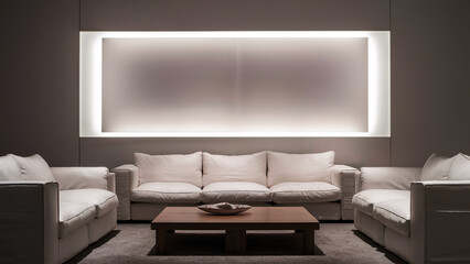 empty frame - A modern minimalist living room features a plush white couch, wooden coffee table, and an empty frame above.