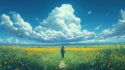 Person Walking Through Field of Wildflowers Under Blue Sky With Large Clouds