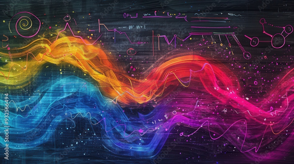 Poster A dynamic chalkboard display showcases colorful waves of chalk strokes intermingled with scientific formulas and diagrams, enhancing the learning environment. Generative AI