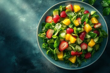 Fresh Fruit Salad with Green Leaves in Blue Bowl