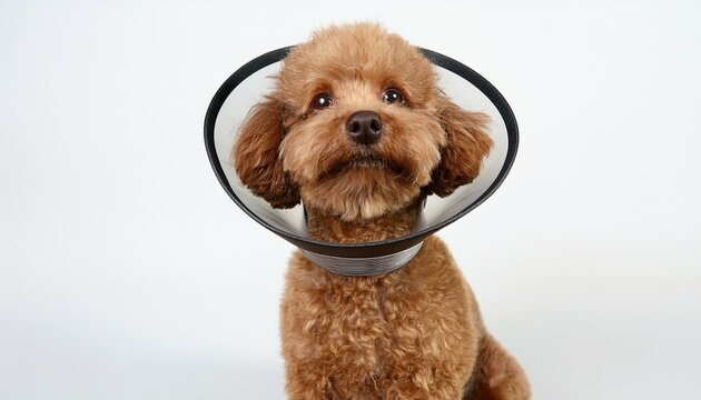 エリザベスカラーをつけているトイプードルの子犬（Toy poodle puppy wearing an Elizabethan collar）
