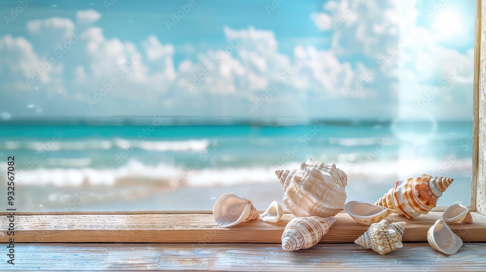 Poster Seashells on a wooden surface in front of a blurred background of the ocean and sky.