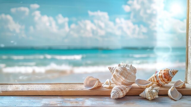 Seashells on a wooden surface in front of a blurred background of the ocean and sky.