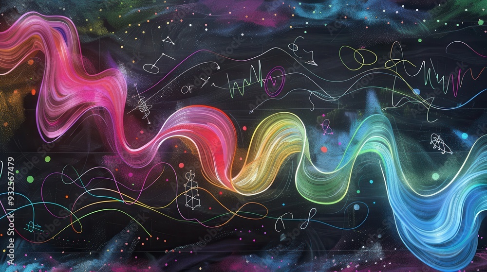 Poster a vibrant chalkboard displays sweeping waves of color adorned with scientific formulas and diagrams,