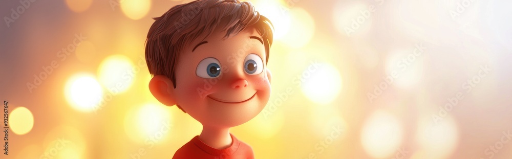 Wall mural 3d cartoon of a little boy with autism standing on a bright background smiling and feeling happy