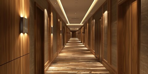 Long hotel corridor with wooden walls