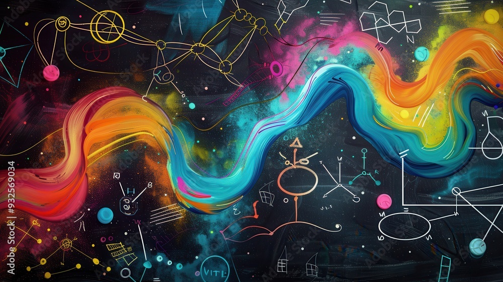 Fototapete colorful chalk strokes flow across a chalkboard, intertwining with scientific formulas and diagrams,