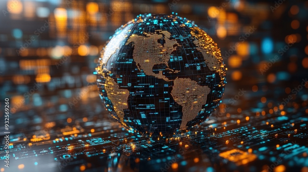 Poster digital globe with circuit board background global network technology data