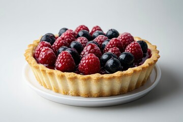 Raspberry and Blueberry Tart on a White Plate