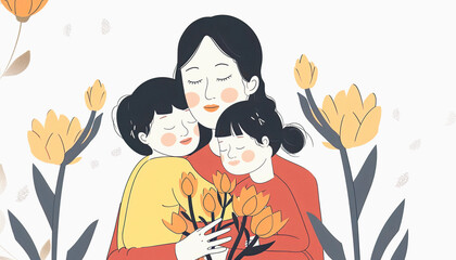 Mother Hugging Two Children with Flowers
