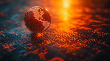 A globe is sitting on a black surface with a red background. The globe is surrounded by a lot of computer code and the background is orange
