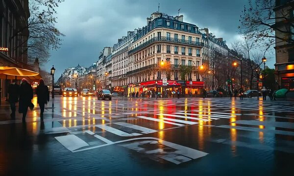 Rainy Paris street with reflections at dusk with ai generated.
