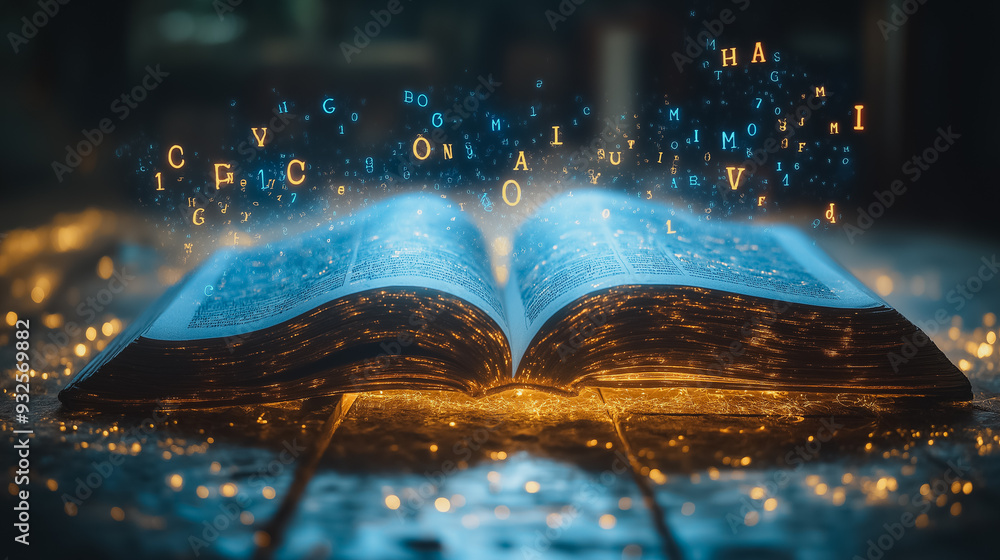 Aufkleber a book is open to a page with letters and numbers. the letters and numbers are floating in the air, 