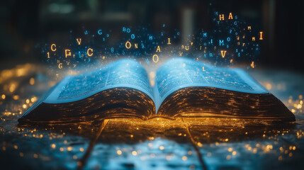 A book is open to a page with letters and numbers. The letters and numbers are floating in the air, creating a sense of magic and wonder. The scene evokes a feeling of curiosity and imagination