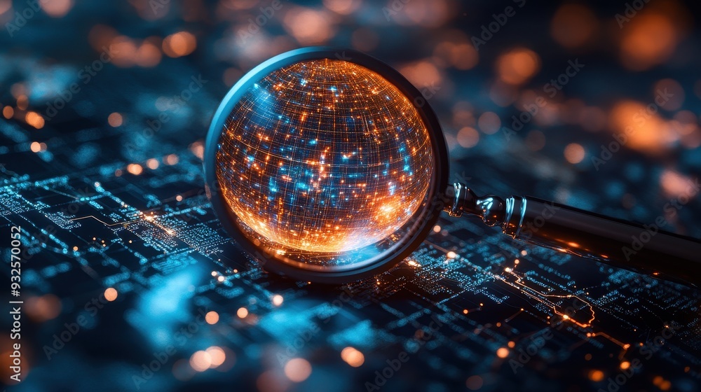 Poster magnifying glass over a global network with bokeh lights