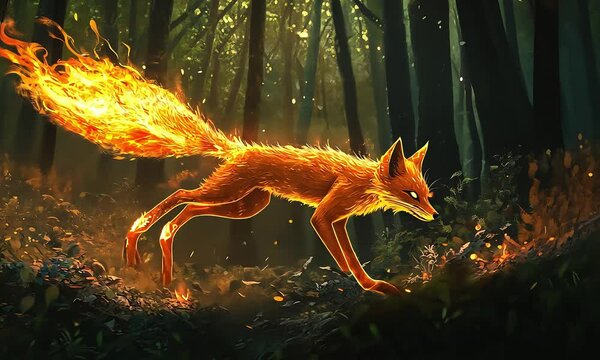 Fiery fox creature running through enchanted forest with ai generated.
