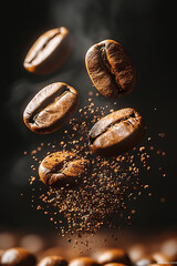 Commercial photography of coffee beans flying for advertising product.