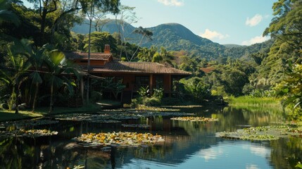 Fototapeta premium Tropical House with Pond and Mountain View