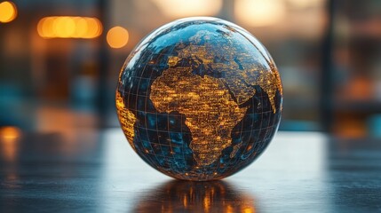 Illuminated Globe on Wooden Table with Bokeh Background