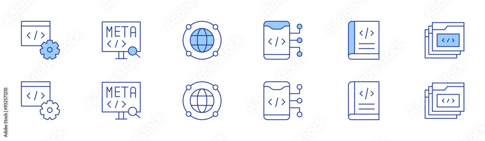 Poster programming icon set in two styles, duotone and thin line style. editable stroke. coding, book, tabs