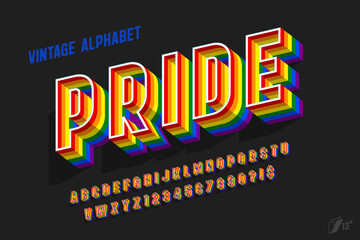 Colorful rainbow flag alphabet design design, original letters and numbers.