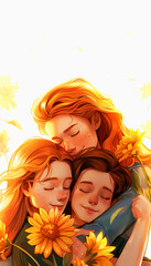 Three Women Hugging with Yellow Flowers